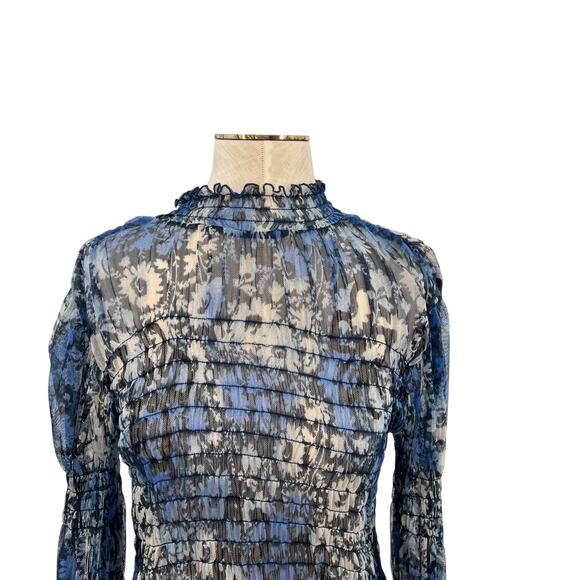 Free People Hello There Top Blouse Smocked Flare Sleeve Mesh Floral Blue Large - Picture 4 of 11